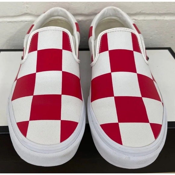 Vans Leather Red White Check Classic Slip-On Shoes Mens 13 New Fast Ship - Picture 2 of 12